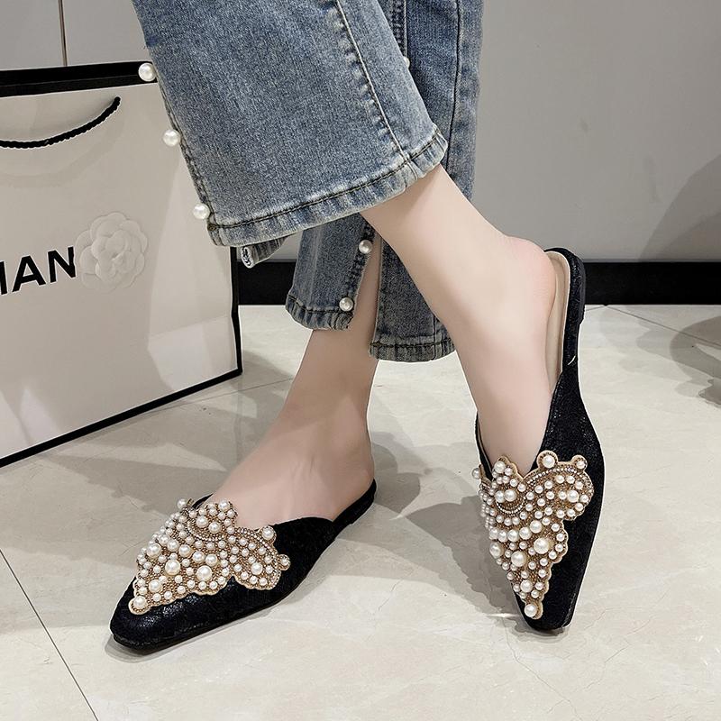 Модные женские туфли Baotou Lace на плоской подошве с острым носком, женские летние тапочки с жемчугом и стразами Lazy Drag