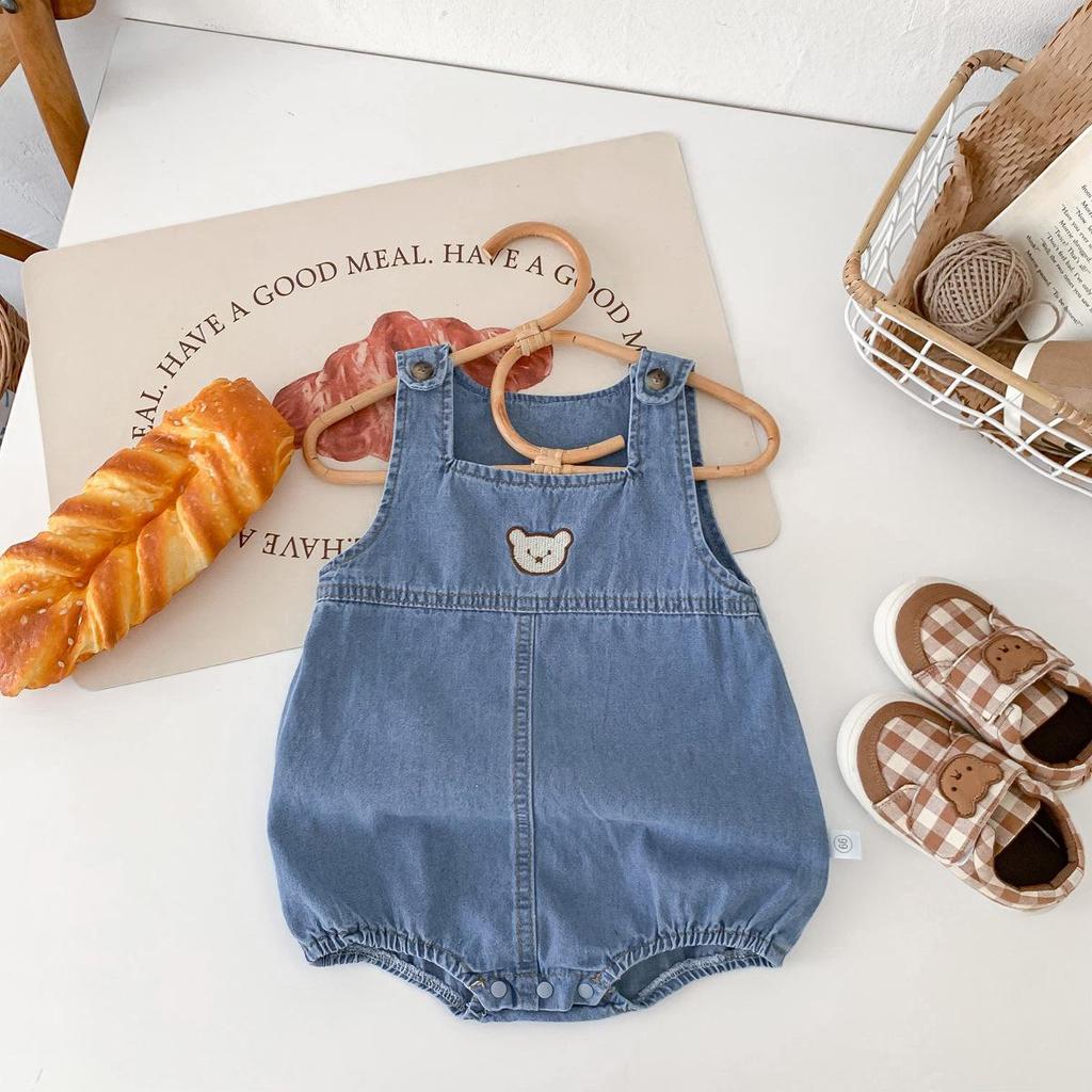 Unisex Baby Bear Denim Romper - Summer Snap Crotch Crawling Suit