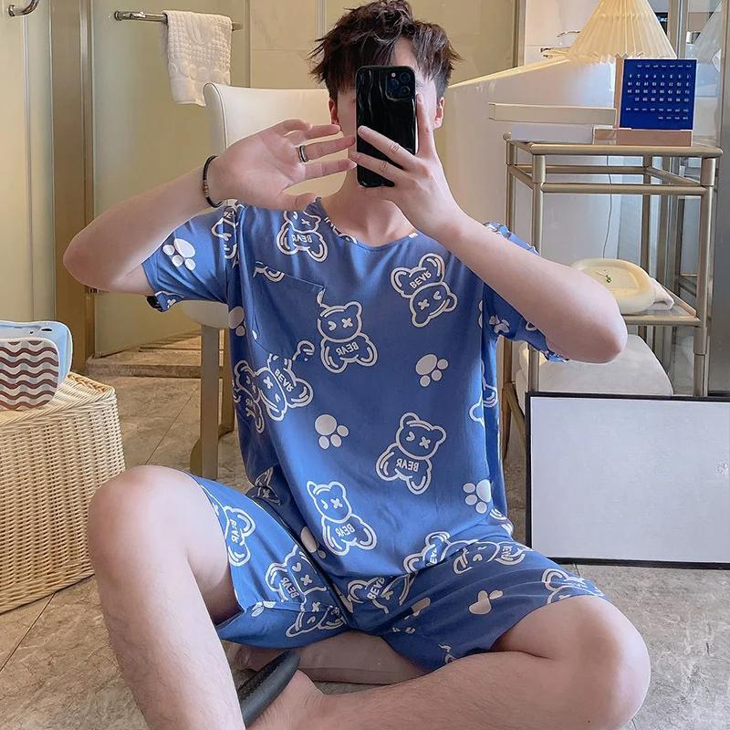 Men Pajamas Short-Sleeved Shorts Pajama Sets Blue Cartoon Bear Sleepwear Round Neck Youth Cotton Silk Loungewear