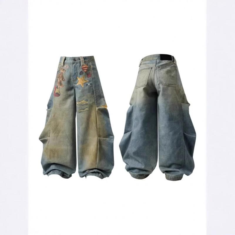 Vintage Washed Wide Leg Denim Pants With Cartoon Print High Waist Loose Fit Teens