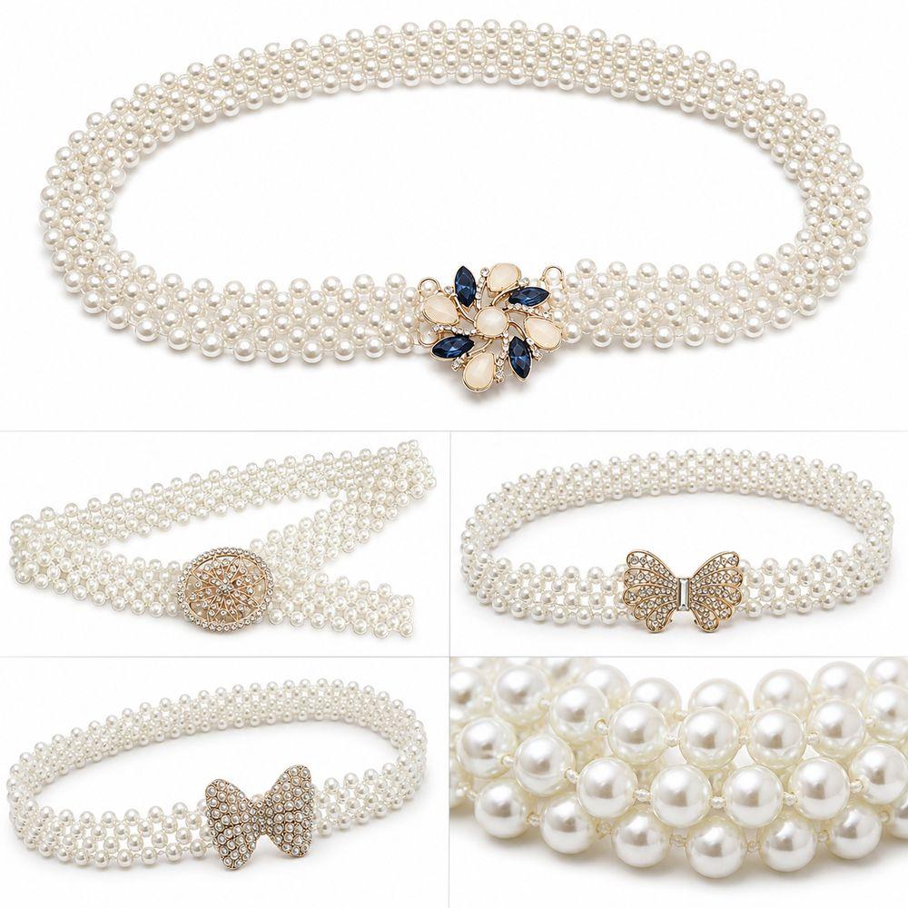 White Imitation Pearl Elastic Belt Metal Waist Chain New Beaded Belt Party Accessories