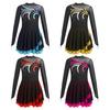 Kids Girls Figure Ice Skating Dress Mesh Patchwork Long Sleeves Ballet Dance Leotards Dress Gymnastics Outfits