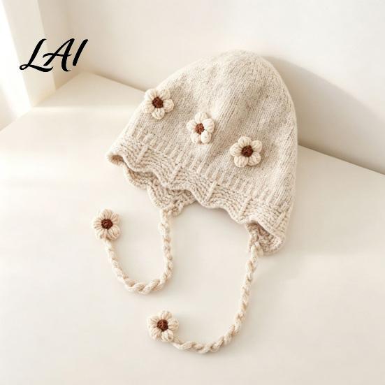 Baby Winter Hat Woolen with Floral Decor Windproof Warm Knitted Infant Earflap Cap Hat Ear Protection for Autumn And Outdoor Wear Toddler Girl