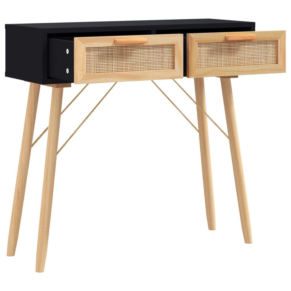 Console Table Black 80x30x75 cm Solid Pine Wood Natural Rattan
