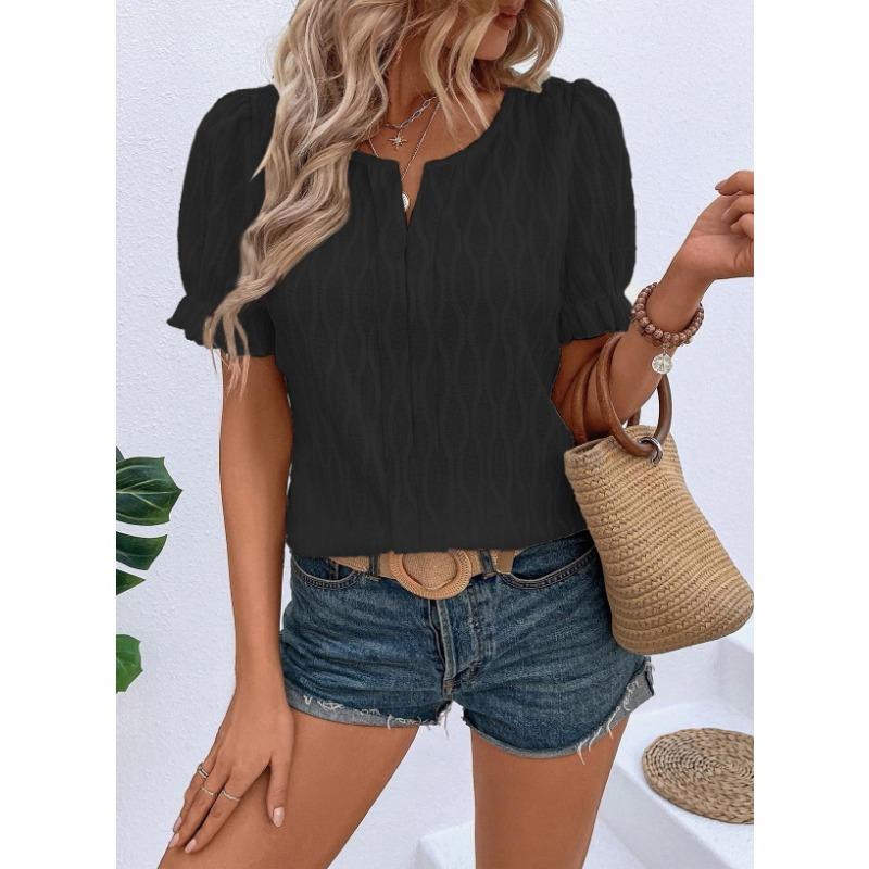 Женская футболка весна-лето с V-образным вырезом и рукавами-фонариками из жаккарда для отдыха, свободная, с короткими рукавами