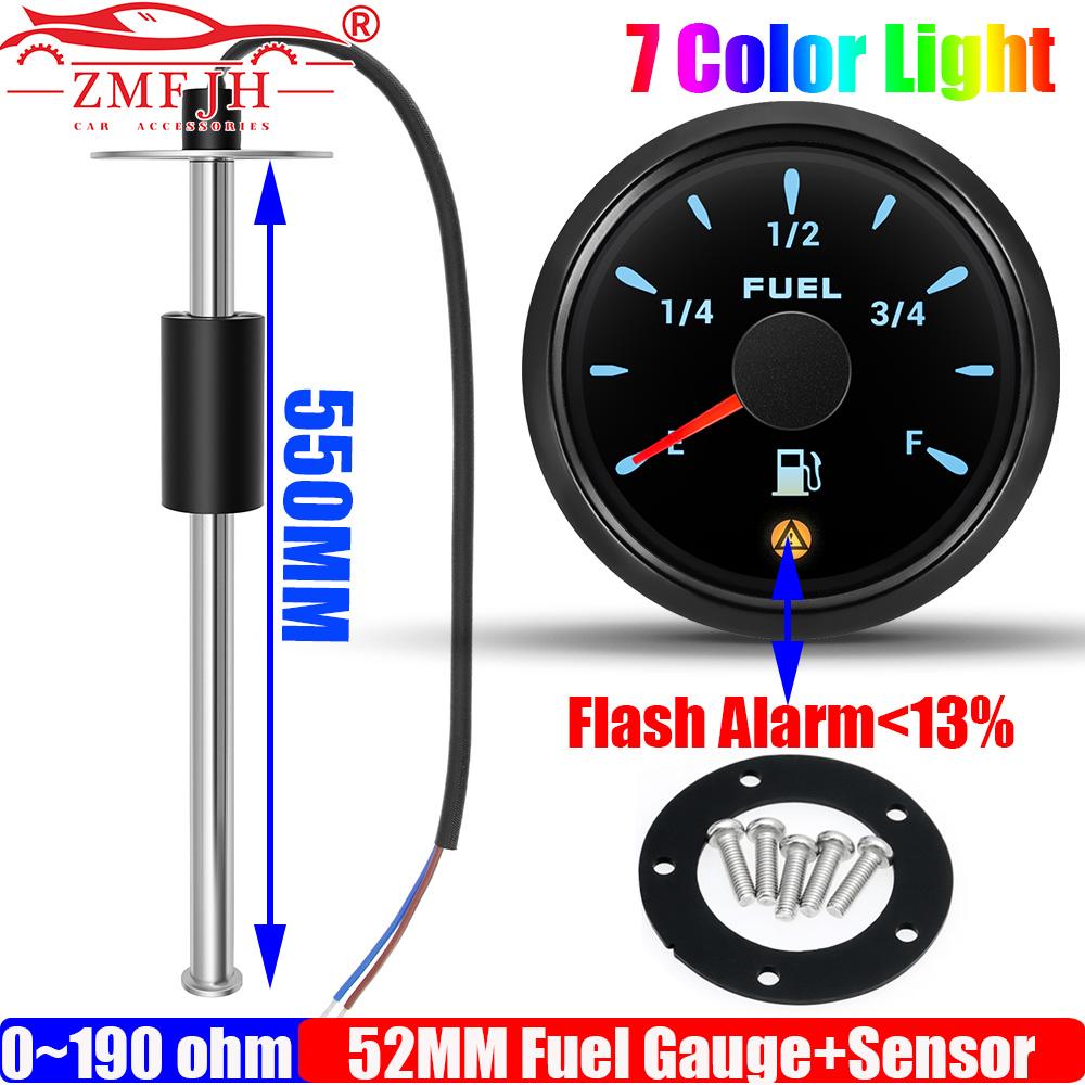 ZMFJH Указатель уровня топлива Pointer 2" 52MM с предупреждением 7-цветная подсветка Автомобиль Лодка 0-190 Ом Датчик уровня топлива 100-550 мм Опционально