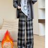 Aozi Velvet Plaid Pants for Women In Autumn and Winter New Thickened Slim and Narrow Version Straight Pants Retro Woolen Plus Velvet Wide-leg Pants