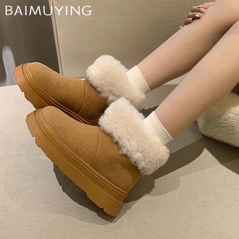 Ботильоны женские на меховой платформе, замшевые туфли на плоской подошве, женская обувь 2025 года, модный бренд, короткие, плюшевые, удобные, теплые, женские, зимние ботинки