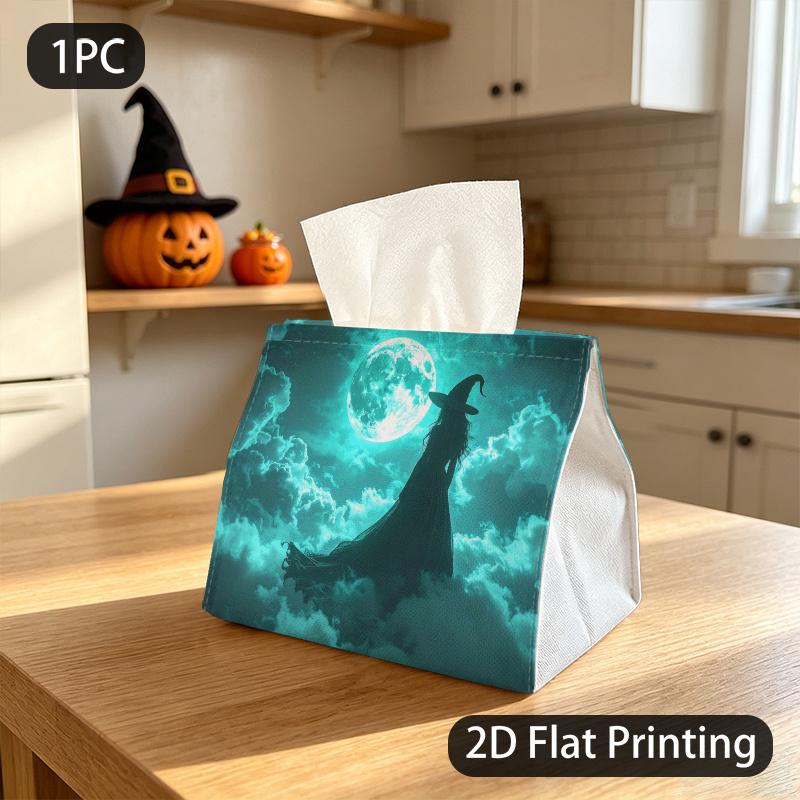 1pc Tissue Box, Fantasy Style Witch Full Moon Mysterious Vibe Pattern, 2D Flat Printing, Lightweight, Strong And Firm, Tissue Container, for Halloween