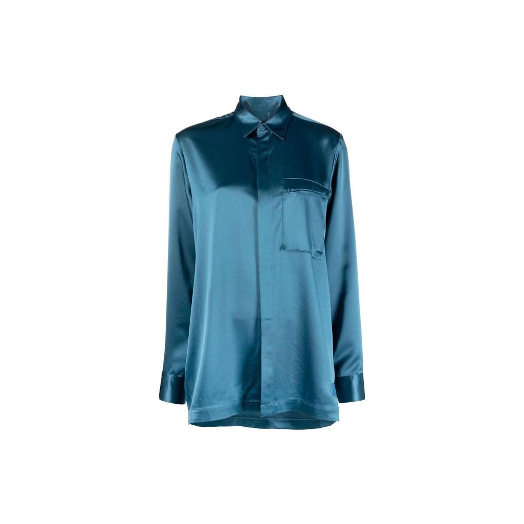Y-3 SS23 Solid Satin Zip Pocket Long Sleeve Shirt Women Shirts Blue IA1445