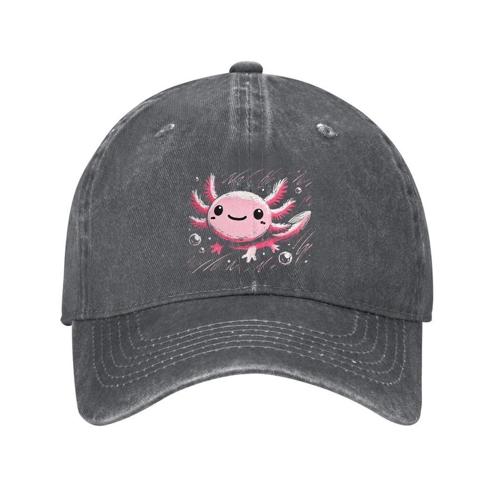 Cute Axolotl Print Baseball Cap Adjustable Cotton Dad Hat Unisex Casual Cartoon Salamander Design Outdoor Snapback
