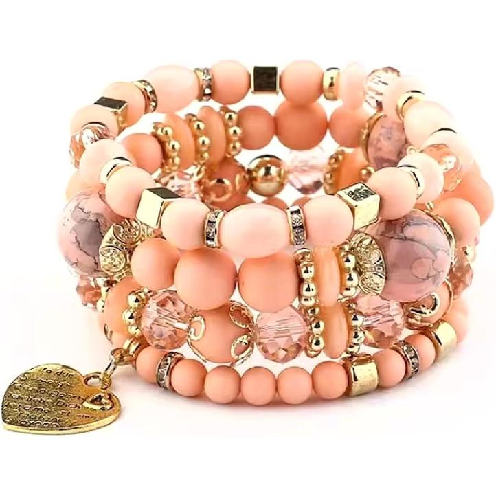 Women Beaded Bracelet Set | Colorful Boho Stackable Trendy Design with Crystal Accents Multilayer Bangle Bracelet | Fashion Stretch Braclets Jewelry