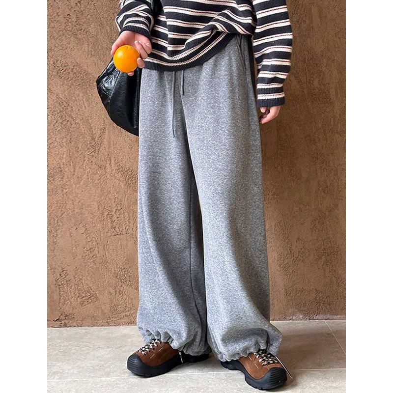 Juzhi 2024 Autumn/Winter Korean High-Waist Slim Casual Retro Plus Velvet Wide-Leg Pants