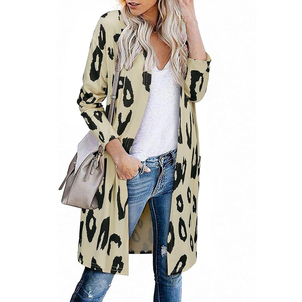 Women's Fashion Casual Printed Pocket Cardigan Medium And Long Coat
