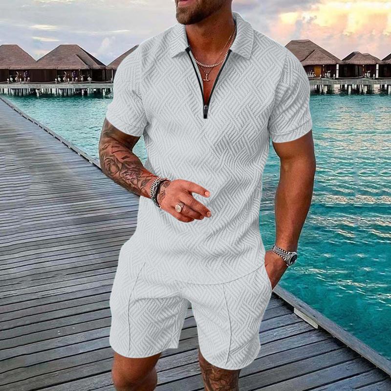 Summer Mens Outfit 2-Piece Set Short Sleeve POLO Shirts and Shorts Set T-Shirt