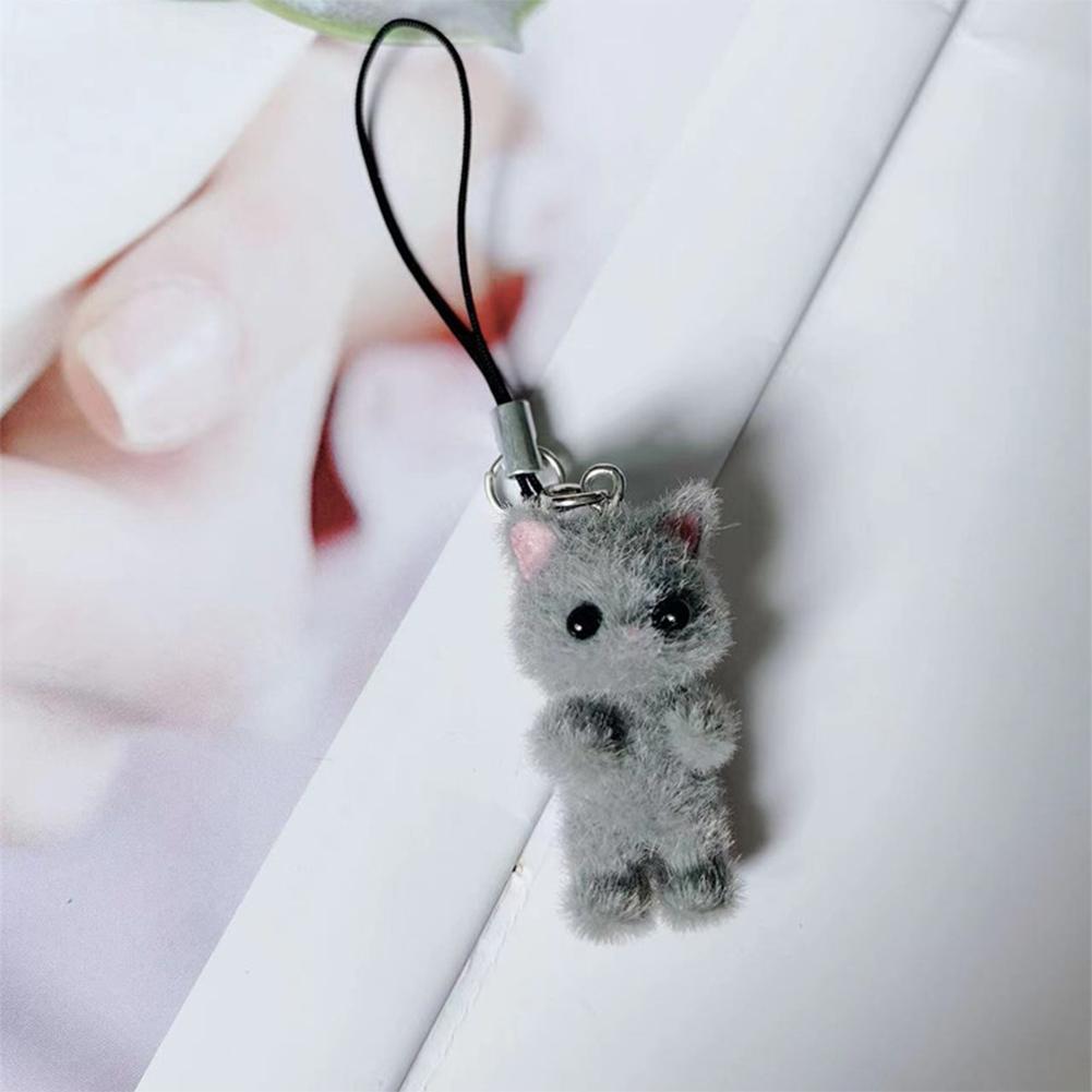 Kawaii Flocking Cat Подвеска для телефона с ремешком на шею Милый бант Котенок Телефонная цепочка Корейский мобильный телефон Брелок для ключей Подарки для девочек