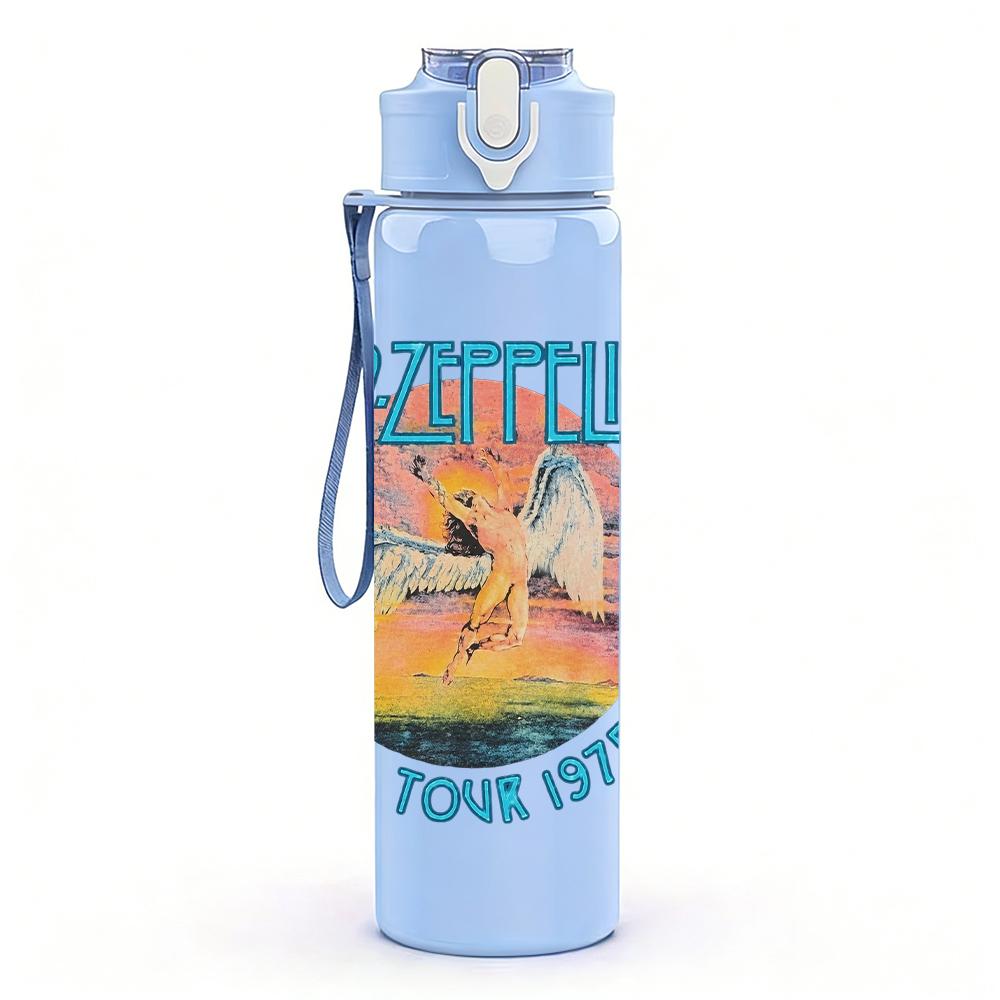 1PC Led zeppelin circular colorful band print 750ml colorful plastic sports water bottle leakproof pop up lid with straw for outdoor work home use