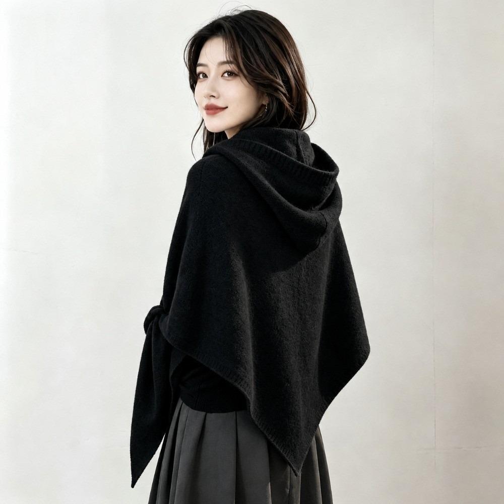 Thick Knit Winter Knitted Cape Wool Blend Women Shawl Warmer Hooded Triangle Scarf Outdoor