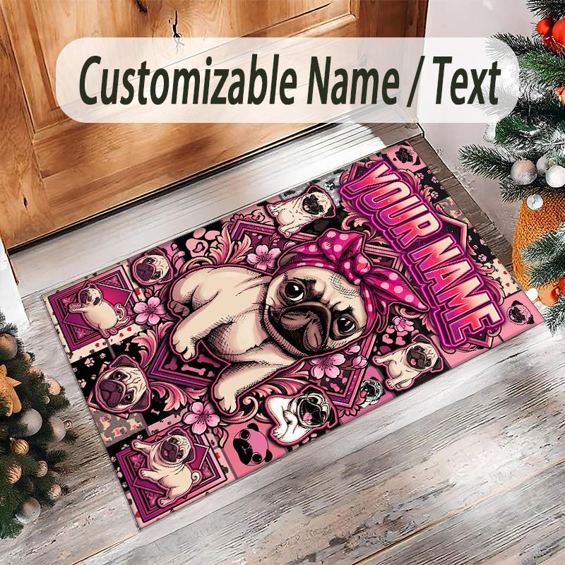 Pug Theme Crystal Velvet Floor Rug Personalized Custom Name Text Warm Carpet Home Decoration