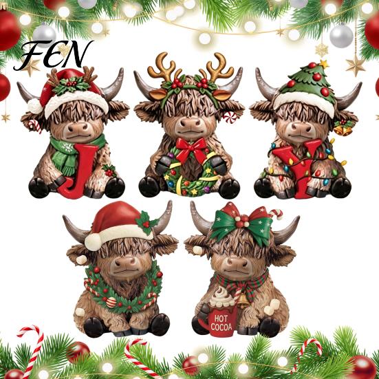 Garland Bow Animal Decor 2/3Pcs Christmas Highland Cow Wooden Tabletop Sign, 2D Flat Yak Ornament Figurine with Hat, Festive Holiday Desktop Hat