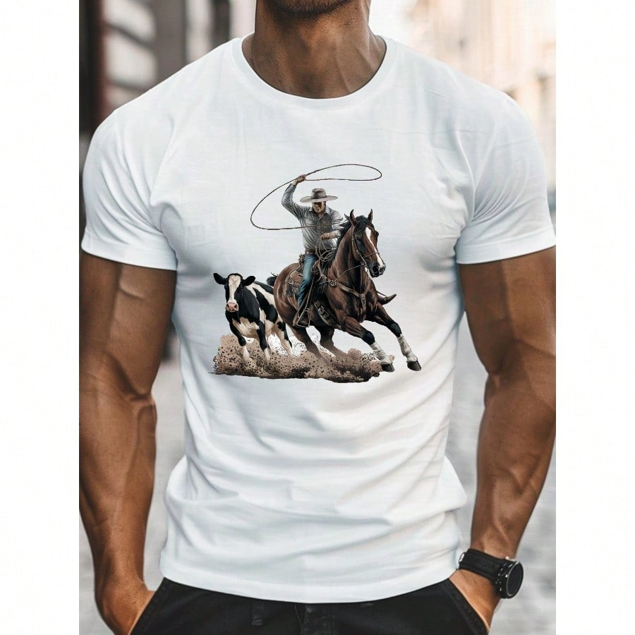 Mens Casual TShirt with Dynamic Cowboy Horse Graphic Print  Breathable 100 Cotton Crew Neck Short Sleeve Tee Regular Fit