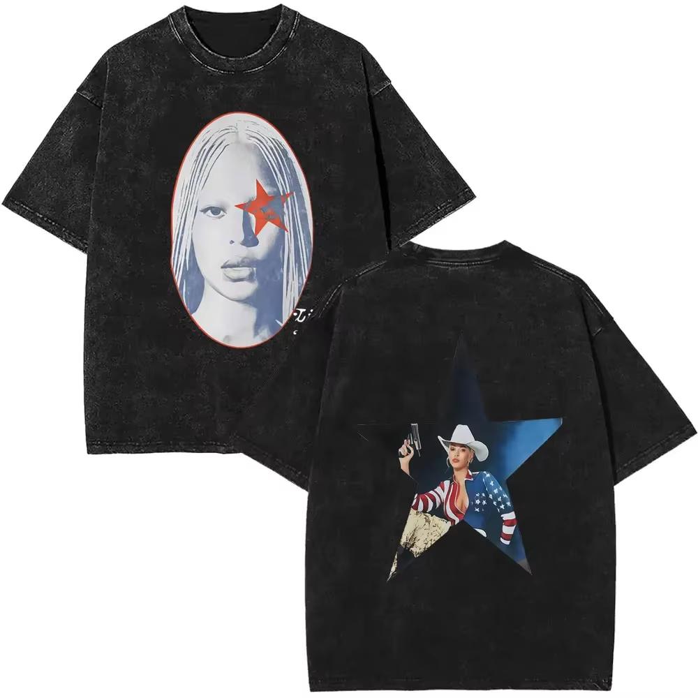 Singer Beyonce Pop Music Album Logo Washed Tshirt Cowboy Carter T Shirts Men Vintage Oversized Tee Shirt Casual Cotton Tshirts