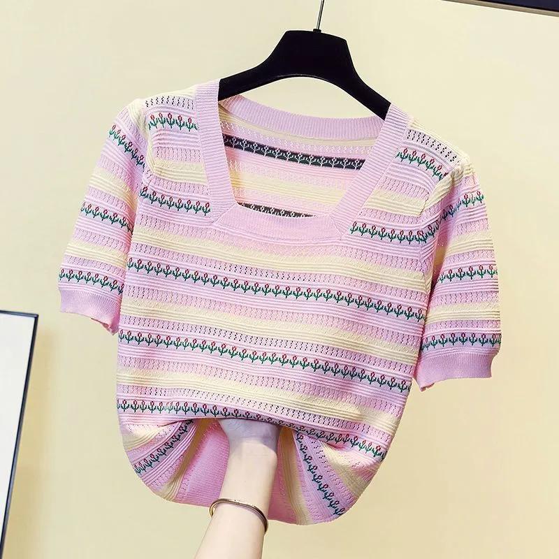 Women's Summer Thin Ice Silk Short-sleeved T-shirt Striped Square Neck Slim Thin Blouse