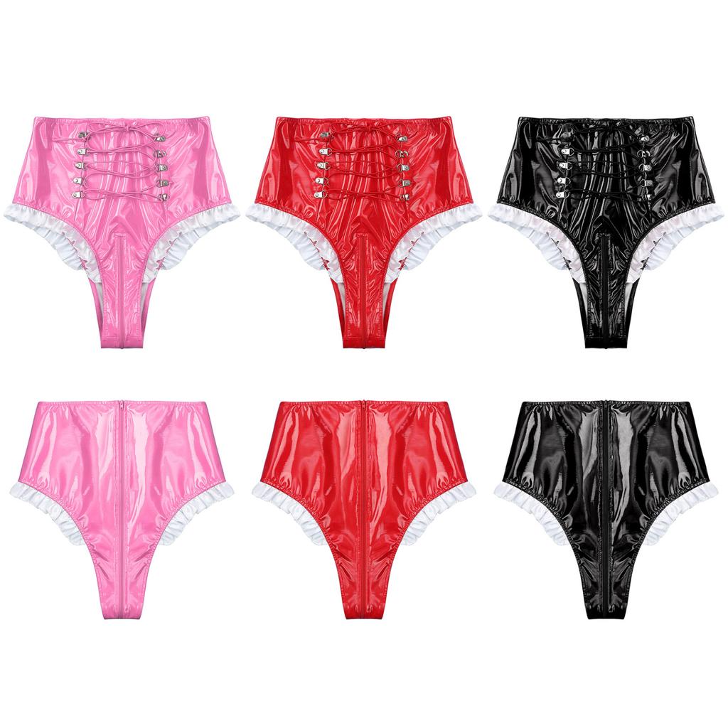 Женские блестящие лакированные трусики с оборками для горничной, трусы с высокой талией на шнуровке и молнией, нижнее белье для ночного клуба, ролевых игр