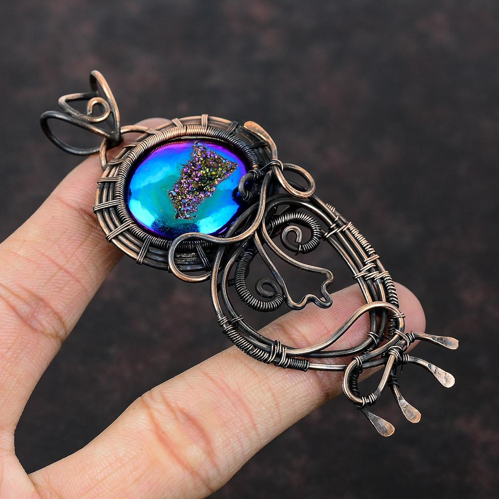 Titanium Druzy Pendant Copper Wire Wrapped Pendant Top Quality Gemstone Jewelry Handmade Pendant For Women Copper Wire Jewelry Gift For Him