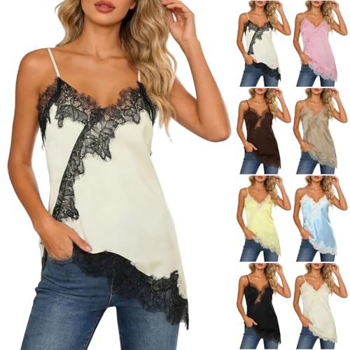 Женская модная атласная кружевная майка с V-образным вырезом, регулируемыми бретелями-спагетти, сексуальный топ-ками