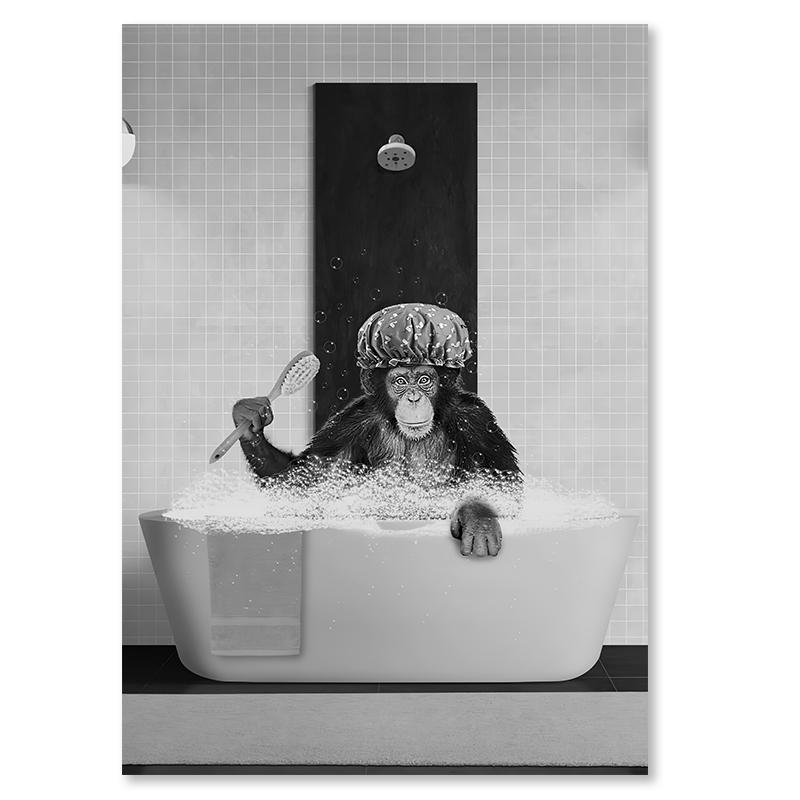 Ванная комната Смешная обезьяна Черно-белая ванна Животное Чтение Газеты Плакаты Картина на холсте Настенные художественные картины Домашний декор