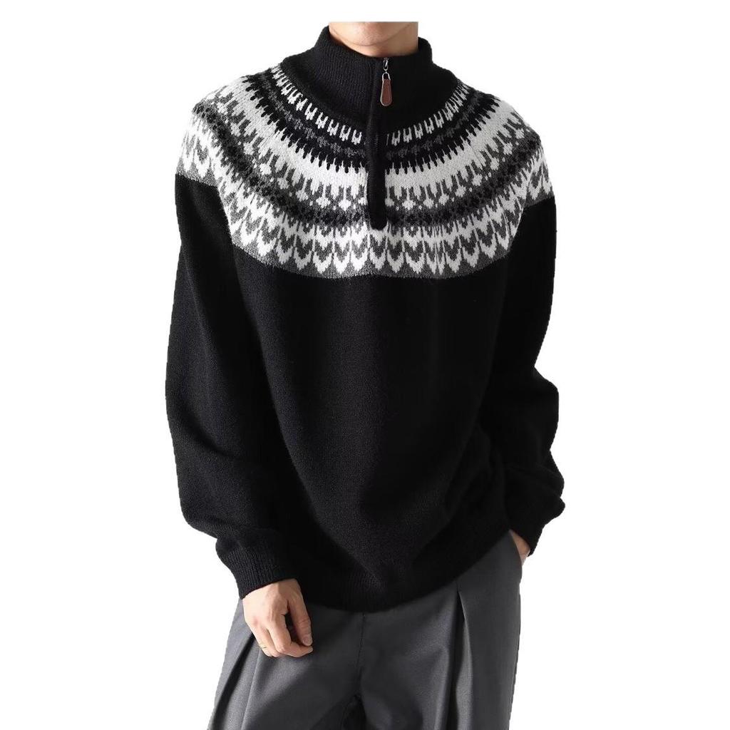 Мужской ретро вязаный свитер с жаккардовым узором и молнией на половину - Осенне-зимний стиль