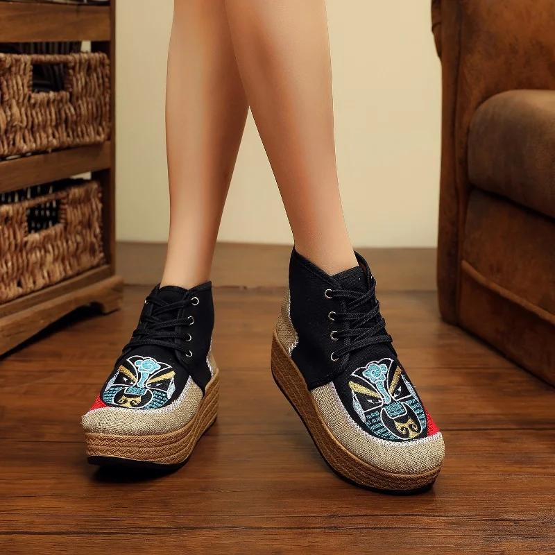 Мода 2024 Новые Ретро Женские Льняные Хлопковые Вышитые Короткие Ботильоны на Платформе Удобные Женские Ботильоны на Шнуровке Зимняя Обувь