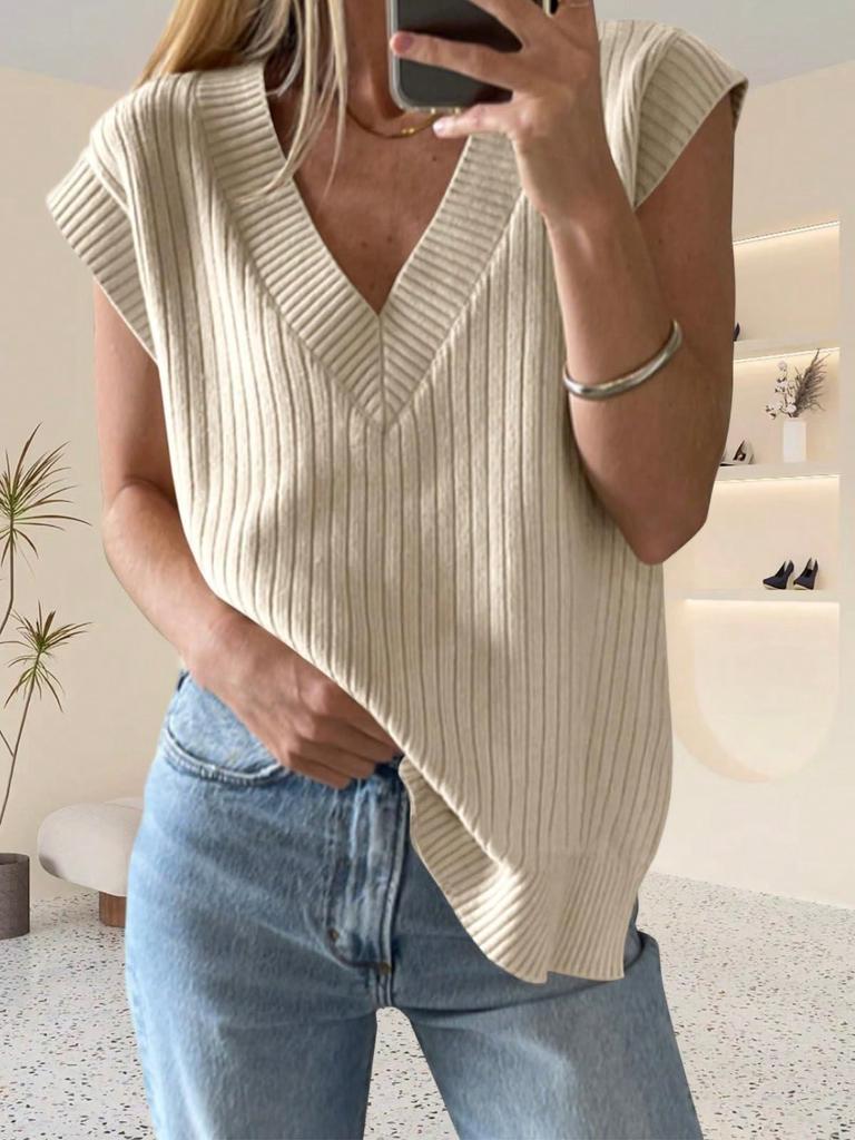 Women's Oversized V Neck Sweater Vest Sleeveless Ribbed Knit Loose Fit Top
