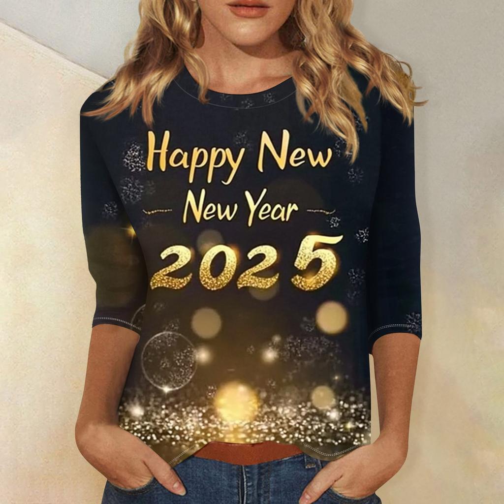 Женская мода повседневная новогодняя принтованная круглая горловина с рукавом три четверти топ Новый год 2025