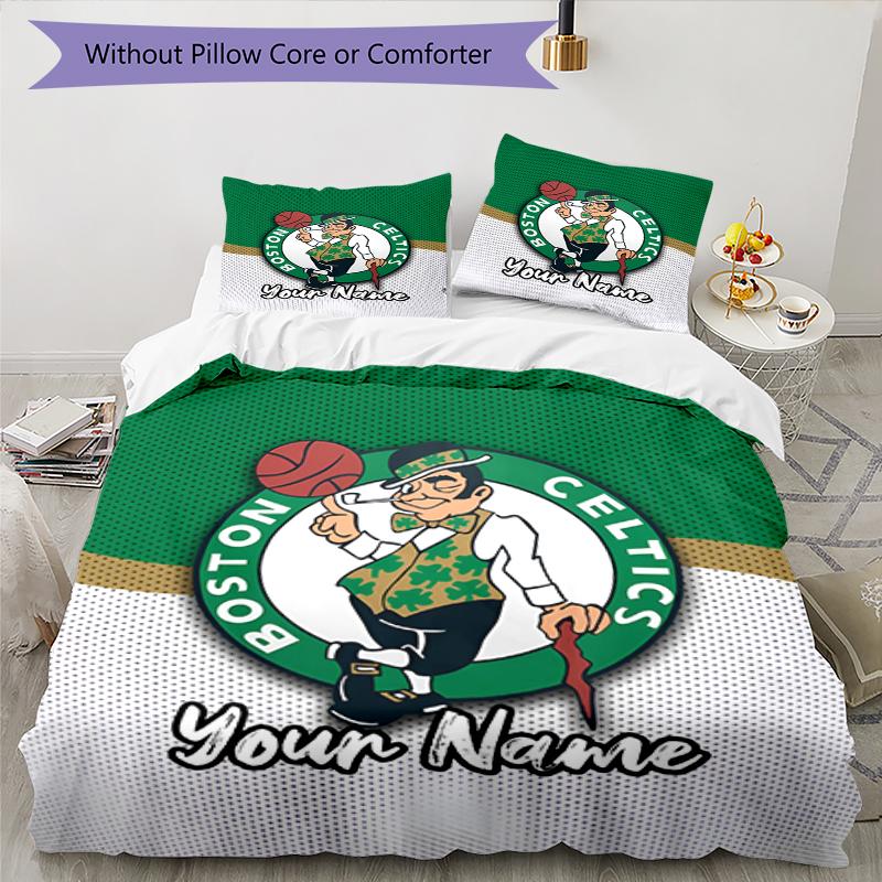 3pcs Custom Name Boston Celtics Bedding Set Duvet Cover Closure Includes 1 Duvet Cover & 2 Pillowcases, Soft and Comfortable for All Seasons.