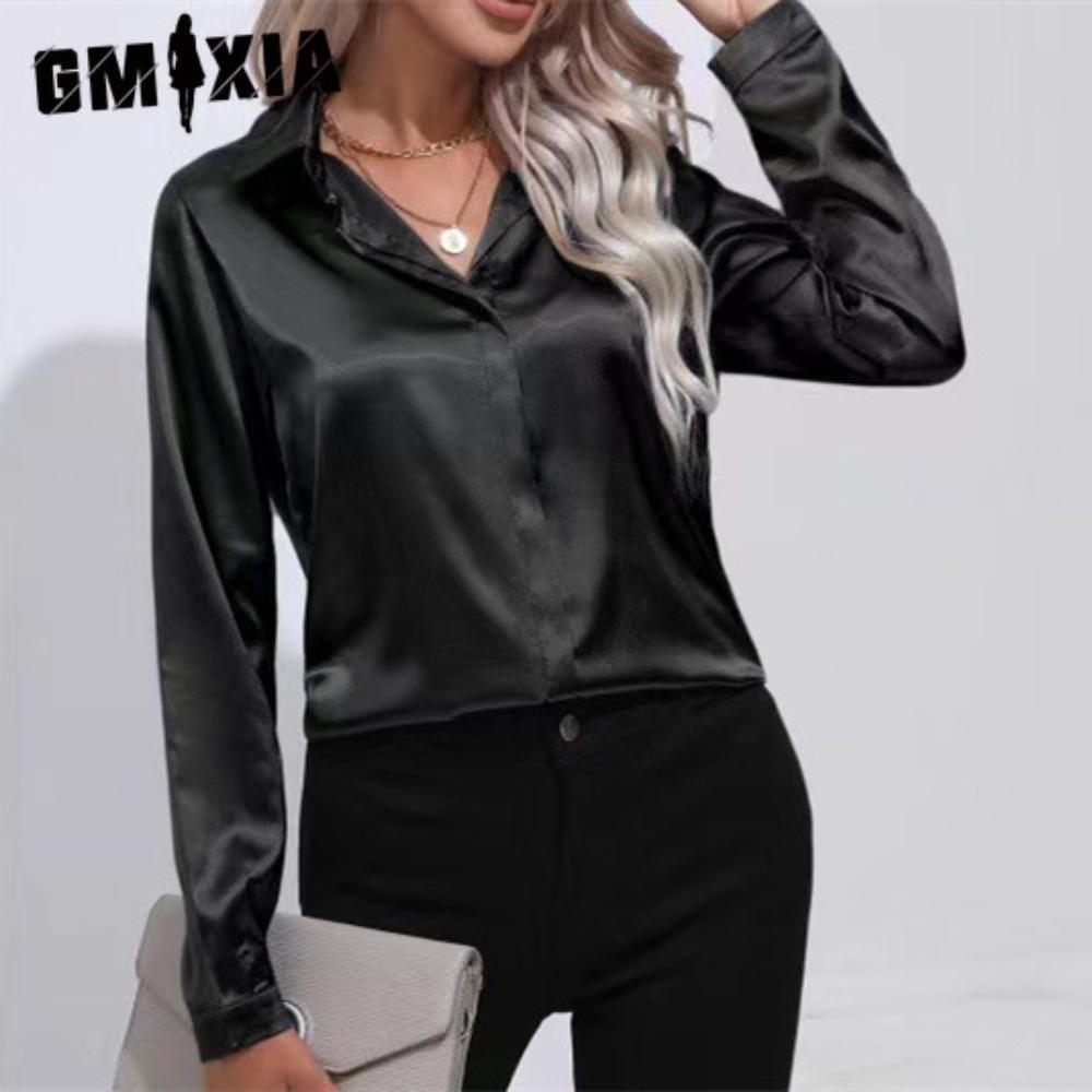 GMXIA Женская мода, повседневные весенне-осенние однотонные рубашки-поло с длинным рукавом и принтом, блузки и рубашки