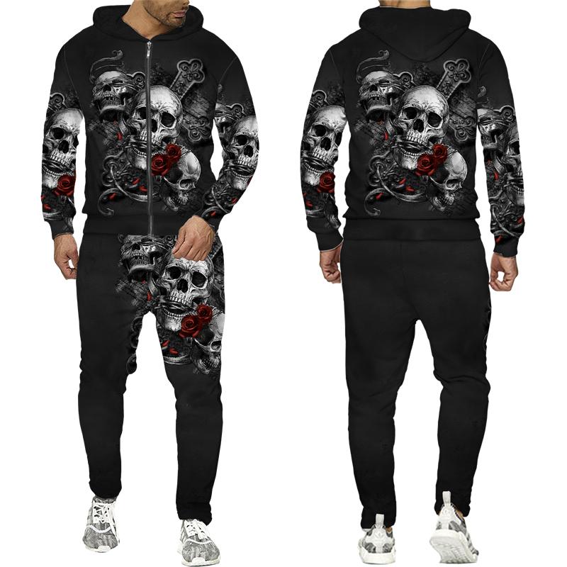 Cool Skull 3D Printed Black Zipper Hoodie Pants Suit Gothic Punk Style Men Women Tracksuit Set 2023 Halloween Streetwear Costume