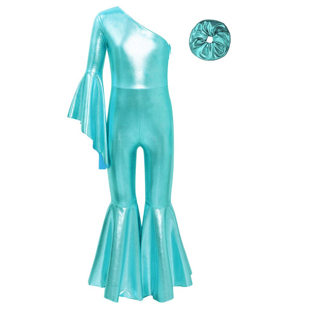 Девочки Блестящий Расклешенный Танцевальный Костюм Модный Комбинезон на Одно Плечо с Расклешенным Рукавом Повязка для Волос Головной Убор для Выступлений