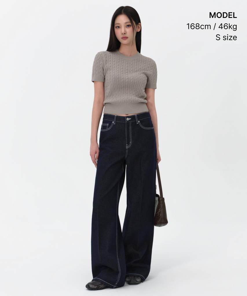 MUSINSA STANDARD WOMAN Women'S Cable Crew Neck Short Sleeve Knit [Light Warm Grey]