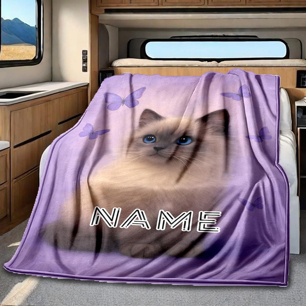 Cute Cat With Blue Eyes And Butterflies Blanketcustomizable With Your Namecomfortable And Stylish Perfect For Travel Beds Chairs Offices Sofas