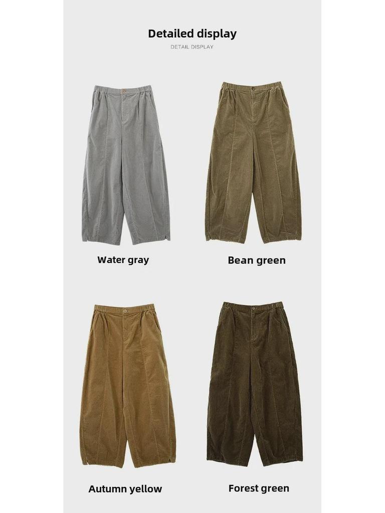 2024 Autumn/Winter Retro Earth Tone Corduroy Carrot Pants with Fur Trim and Elastic Waist