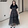 2023 Plus Size Women Summer Long Dress Black Print Spliced Mesh Elegant Lady Dress Pleated