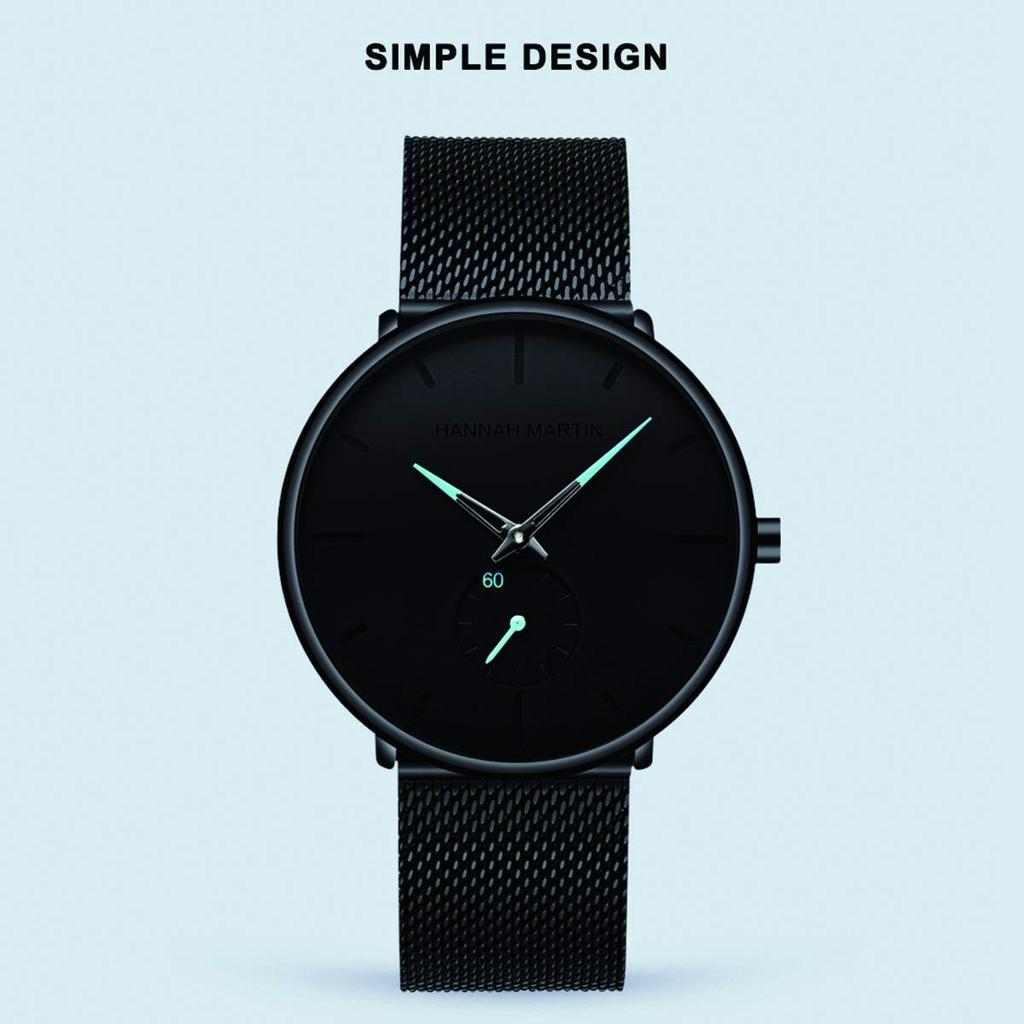 Мужские часы Hannah Martin, черные, ультратонкие, модные, водонепроницаемые, с браслетом из нержавеющей стали (синий)