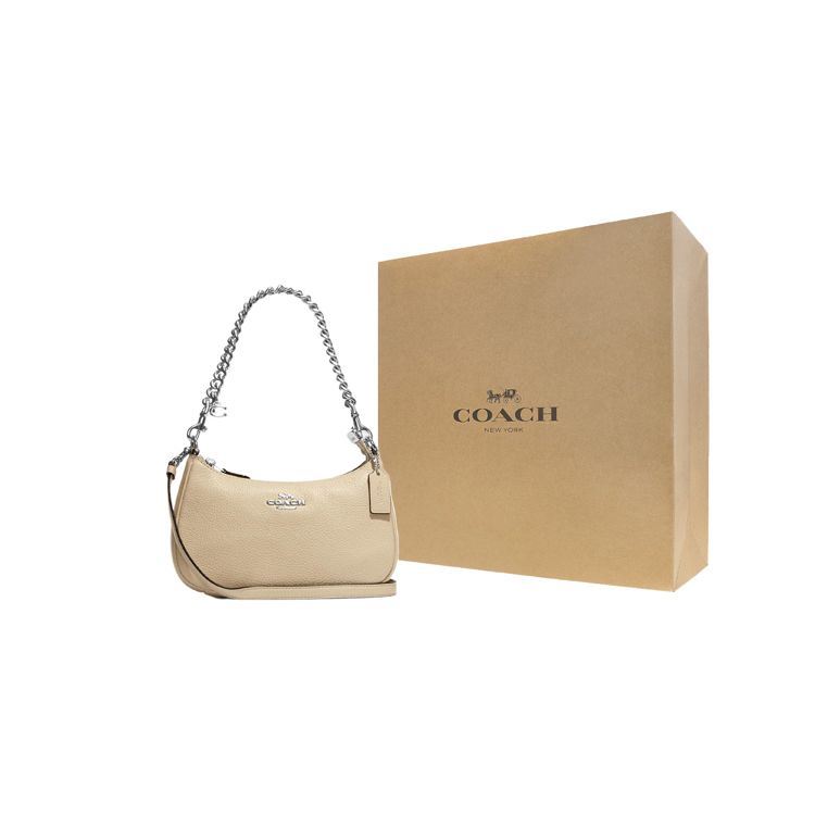 Coach Teri 24 Металлический логотип Тиснение Застежка-молния Сумка из фактурной кожи Женская сумка Слоновая кость CE556-SVIY