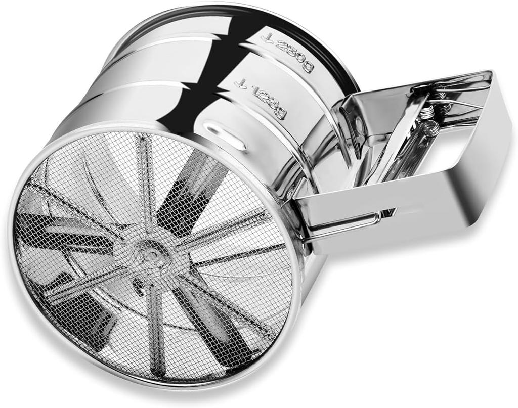 Flour Sifter, Stainless Steel Sifter for Baking, Double Layer Fine Mesh Baking Sifter, One Hand Press Crank Sifter for Powdered Sugar Shaker Duster