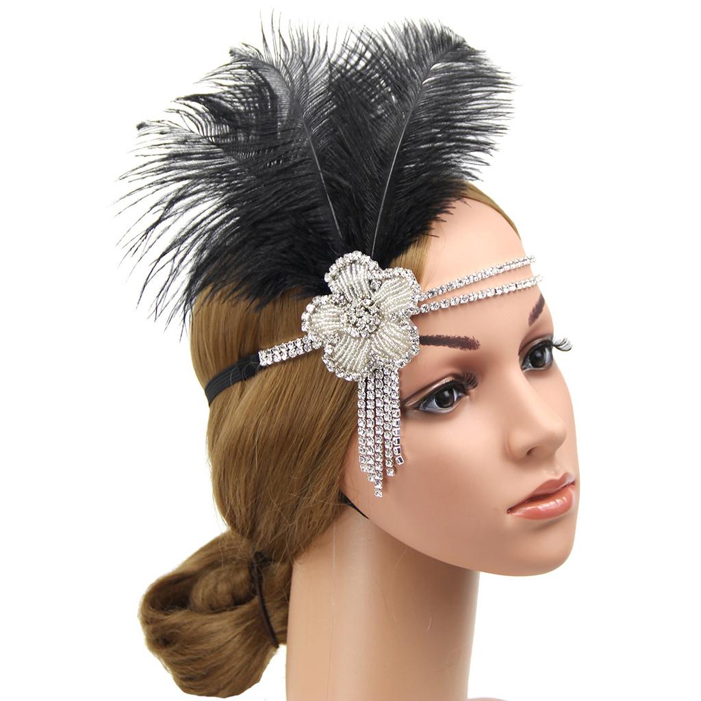 Винтажная бриллиантовая фронтальная повязка на голову, черная, 1920-е годы, белая повязка на голову с перьями и кисточками, свадебный, бальный, банкетный головной убор