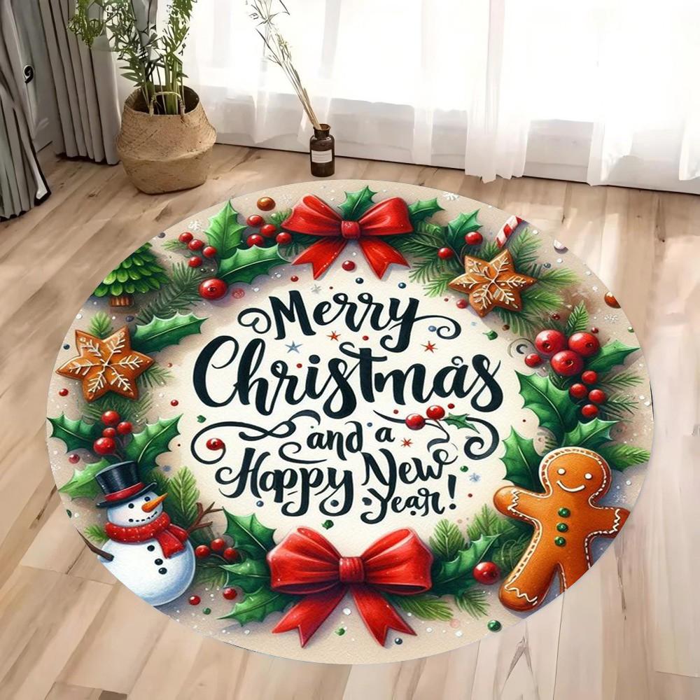 Santa Claus and Sled Round Carpet Christmas Tree Elk Snowman Round Carpet Bedroom Carpet Home Floor Mat Washable Leisure Carpet