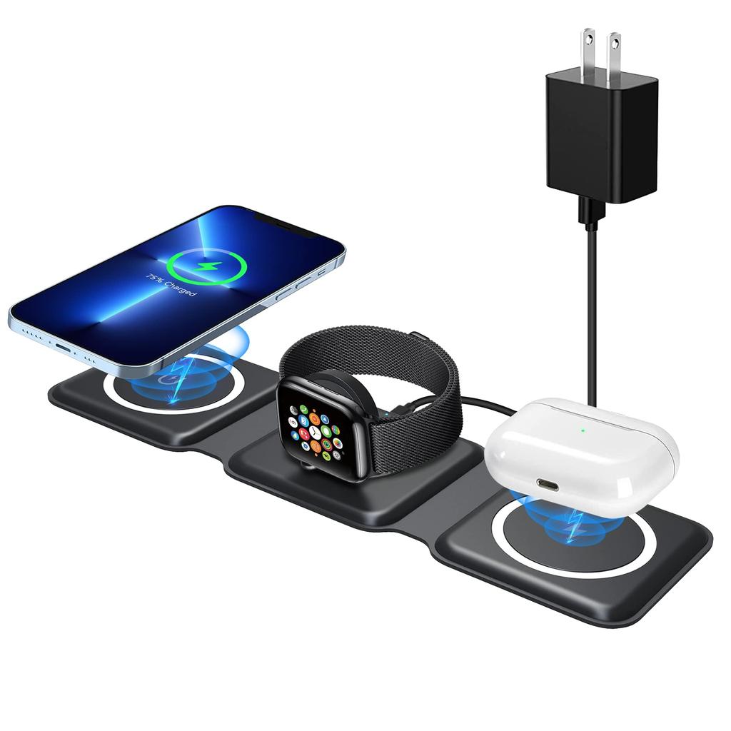 3-in-1 Wireless Charging Pad Portable Magnetic Foldable Travel Charger with Adapter for iPhone 13/12/Pro/Max, iWatch, AirPods 3/2/Pro, Black