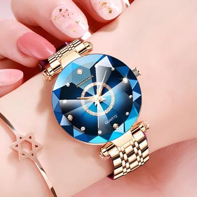 Синие модные женские часы Star Bright Diamond Glass Mirror Solid Steel StrapLadies Waterproof Watch Rose Gold Luxury Clock